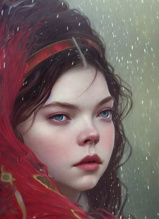 Prompt: a realistic detail portrait of a beautiful queen look like Anya taylor-joy in middle earth, raining, thunder, magic, dragon, oil painting by Alphonse mucha, Julian calle, wlop, greg rutkowski, Finnian MacManus, Syd mead Trending on artstation, red and yellow scheme, 8k, Unreal Engine