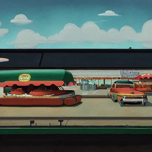 Prompt: drive - in burger restaurant by the beach by simon stalenhag