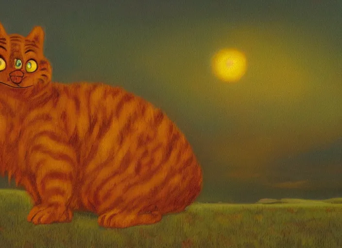 Prompt: surrealist impressionist painting of garfield at dusk, in the style of michael whelan and james gurney and wayne barlowe