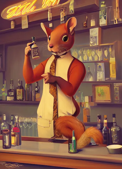 Prompt: squirrel anthro as a dapper bartender with a big fluffy tail, retro futurism, art deco, detailed painterly digital art by WLOP Cory Loftis, 🐿🍸🍋, furaffinity, trending on artstation