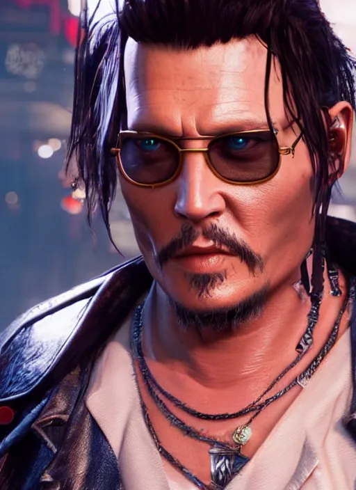 Image similar to film still of Johnny Depp as Johnny Silverhand in Cyberpunk 2077, gameplay, 8k, HD