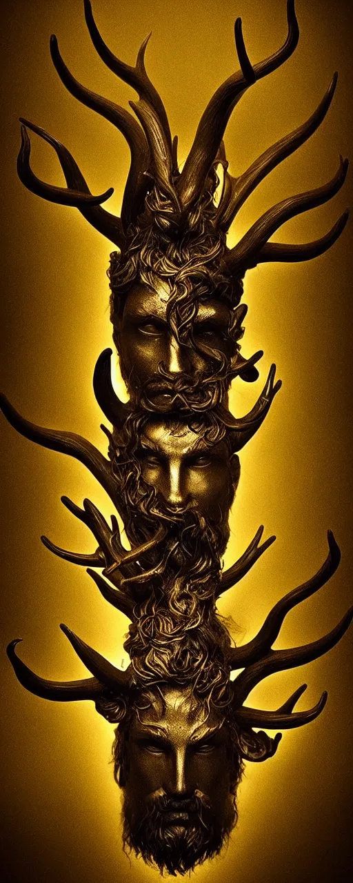 Prompt: Hyper realistic portrait of a surreal Cernunnos floating in the dark night, gold dripping in spiral, Mistic ambient, ultra super good realistic 3D render by Pete Morbacher and Emil Melmoth, insanely detailed, trending on artstation, sharp focus