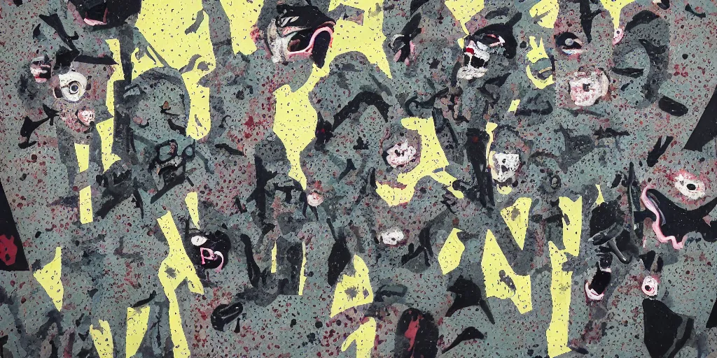 Image similar to camo made of teeth, smiling, abstract, francis bacon artwork, fortnite, cryptic, dots, stipple, lines, splotch, color tearing, pitch bending, faceless people, dark, ominious, eerie, minimal, points, technical, old painting