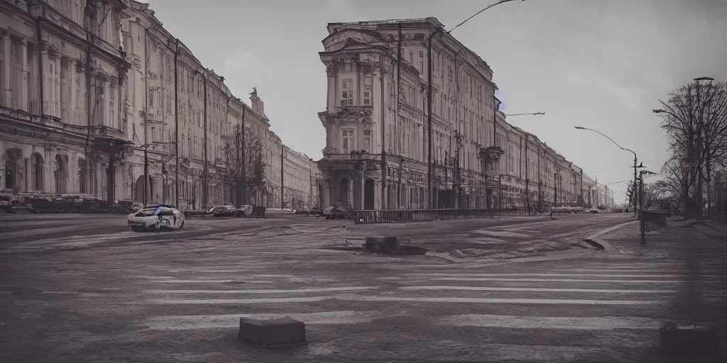 Image similar to cinematic street shot of a city on mars, aelita, phalanster, saint petersburg city, telephoto, anamorphic cinematography, beautiful composition, color theory, leading lines, photorealistic, moody volumetric lighting