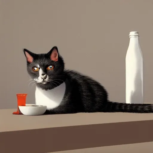 Image similar to cat drinking milk in a modern house concept art, sharp focus, digital art, Hyper-realistic, 4K, Unreal Engine, Highly Detailed, HD, Dramatic Lighting by Brom, trending on Artstation