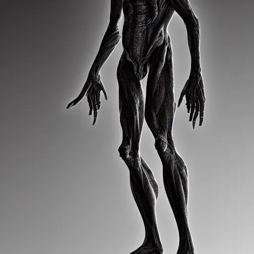 Image similar to photorealistic detailed tall skinny humanoid creature, extremly detailed, black and white, 8 k, realistic, sharp focus, cosmic horror creature, cosmic horror