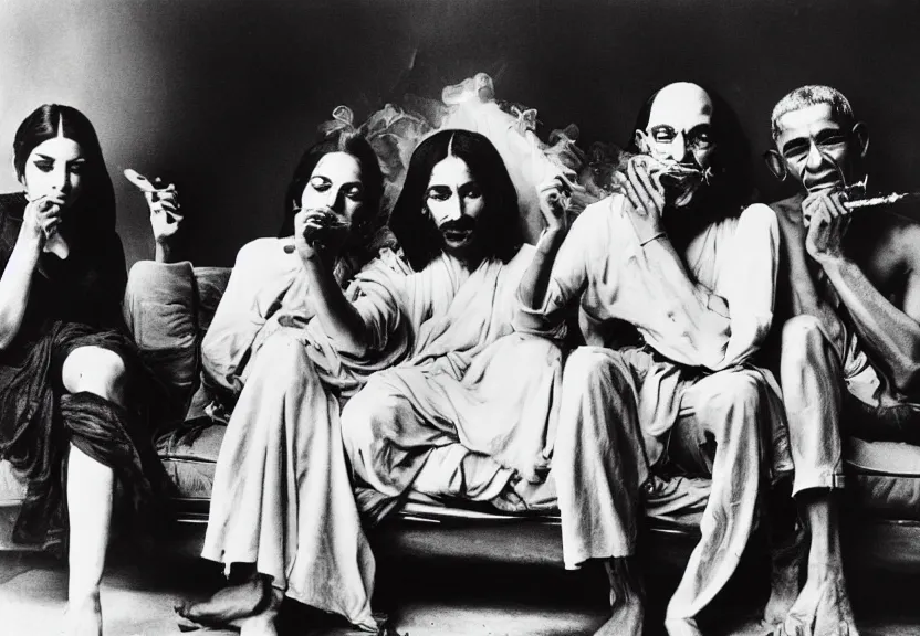 Image similar to smoke session for the ages: Gandhi , Obama, Jesus, And Lady GaGa smoking a fat blunt on a sofa by Andy Warhol, photograph