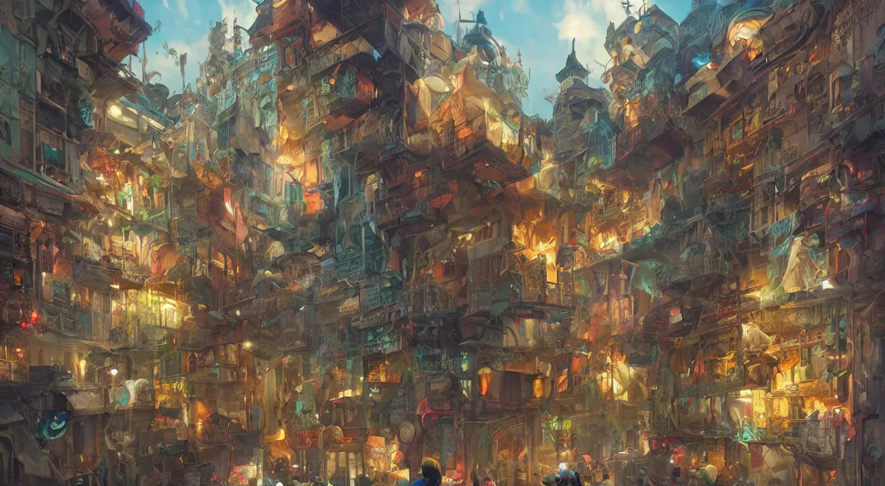 Image similar to bazaar zouk oriantal place mosquet multicolorful sky shine matte painting, street art, trending on artstation, by huang guangjian and gil elvgren and sachin teng