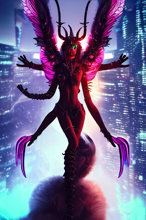 Prompt: portrait futuristic Devil Girl with horns and wings and feathers and armor, stunning smile, in future cyberpunk tokyo rooftop , ssci-fi, fantasy, intricate, very very beautiful, elegant, human anatomy, human structure, neon light, highly detailed, digital painting, artstation, concept art, smooth, sharp focus, illustration, art by tian zi and WLOP and alphonse mucha