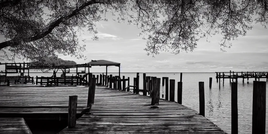 Image similar to infrared photograph of a seaside dock