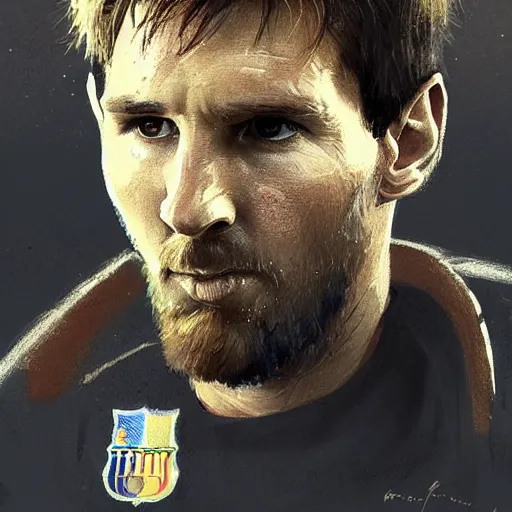 Image similar to portrait of lionel messi by greg rutkowski, cade skywalker, messy blond hair, beard, tall and muscular, star wars expanded universe, he is about 3 0 years old, wearing a flying jacket, distrustful and arrogant, highly detailed portrait, digital painting, artstation, concept art, smooth, sharp foccus ilustration, artstation hq