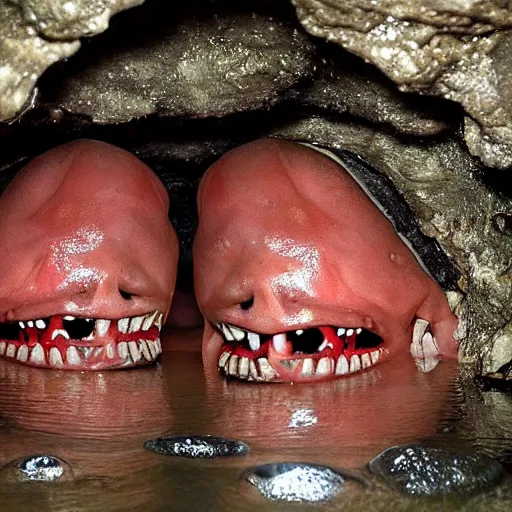 Image similar to photo inside a cavern of a wet reptilian humanoid putin with red eyes, open mouth with big teeth, partially hidden behind a rock with some blingblings