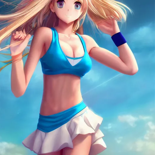 Image similar to a very beautiful proud young anime tennis girl, confident, full body, long wavy blond hair, sky blue eyes, full round face, bikini, miniskirt, front view, mid - shot, highly detailed, cinematic wallpaper by stanley artgerm lau