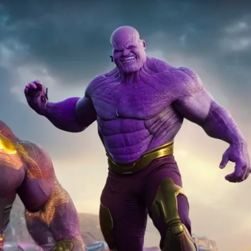 Image similar to a screenshot of a purple-skinned Danny Devito playing Thanos in Avengers Endgame