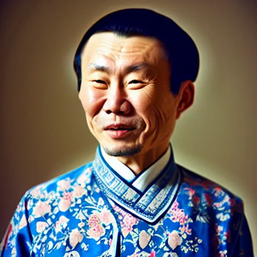 Prompt: realistic photography by araki nobuyoshi of wearing traditional ukrainian shirt designed by taras shevchenko. smiling kim chen in