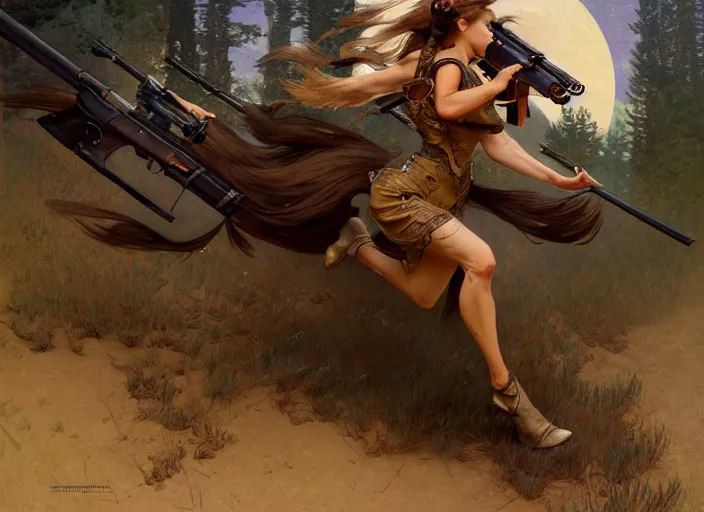 Image similar to a beautiful, dynamic illustration of an anthropomorphic fox woman bounty hunter running and gunning with a winchester rifle, wild west theme, motion blur, action illustration by stanley artgerm, greg rutkowski, alphonse mucha, norman rockwell, 8 k,