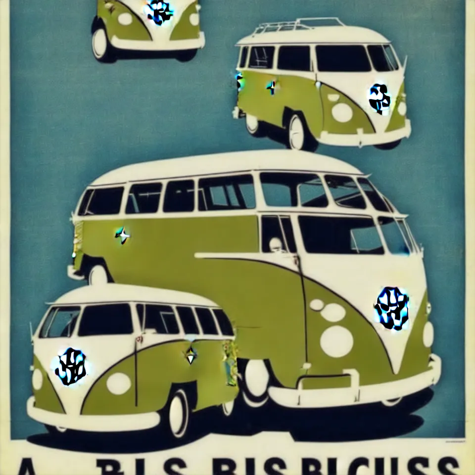 Image similar to a vintage poster of a vw bus