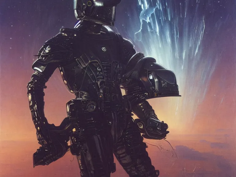 Image similar to a detailed profile painting of a bounty hunter in armour and visor, cinematic sci-fi poster. Spaceship high in the background. Flight suit, anatomy portrait symmetrical and science fiction theme with lightning, aurora lighting clouds and stars. Clean and minimal design by beksinski carl spitzweg and tuomas korpi. baroque elements. baroque element. intricate artwork by caravaggio. Oil painting. Trending on artstation. 8k