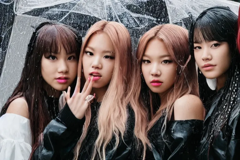 Prompt: a portrait of 4 blackpink singers posing in the rain