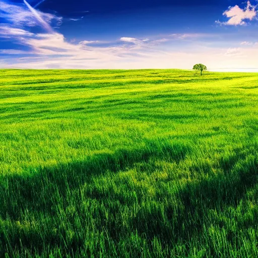 Prompt: green grassland huge uncanny clear blue sky without clouds multiple wind turbins wallpaper 4K landscape HD