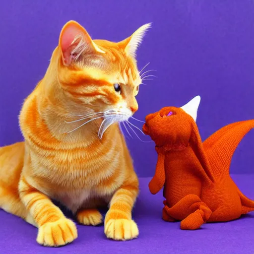 Prompt: purple dragon snuggling orange tabby cat, orange tabby hugging tiny dragon