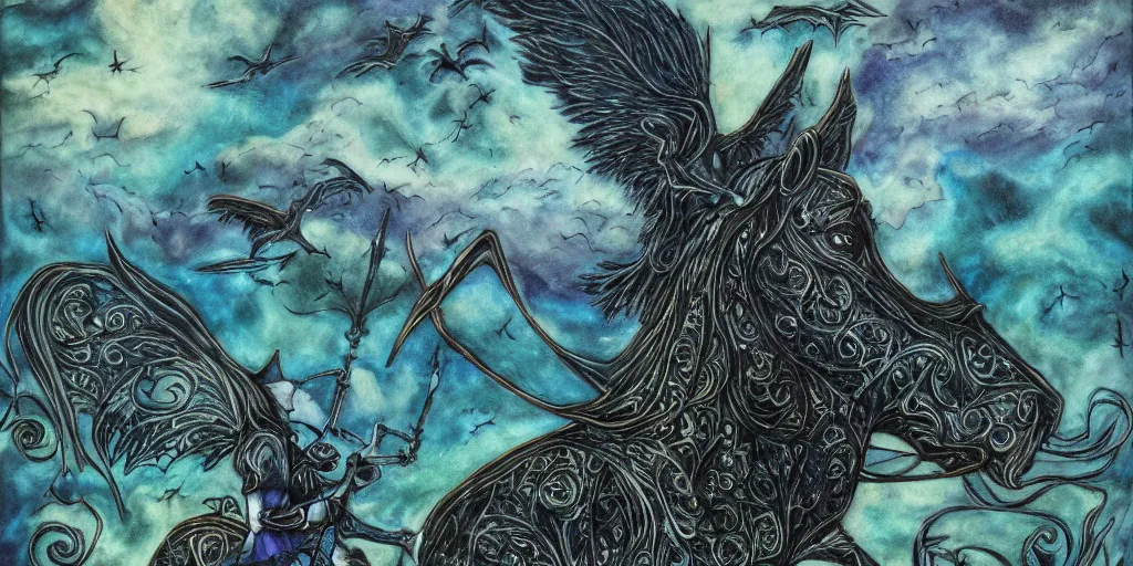 Image similar to Dullahan, dashing down the moor, dark night, bats, Celtic, intricate, horse, fae, wings, teal, black, blue, clouds, ravens, gothic, moody colors, watercolor, colored pencil, metallic, traditional medium, highly detailed, textured canvas, extreme contrast, realistic, Lisa Frank