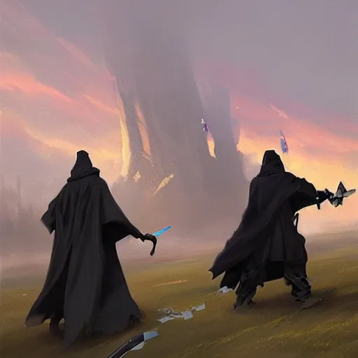 Prompt: 2 men in black cloaks having a sword duel, Trending on artstation l, greg rutkowski, Thomas kinkade, intricate details