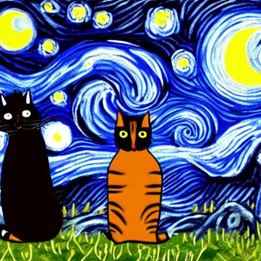 Image similar to kittens staring at the moon a starry night style