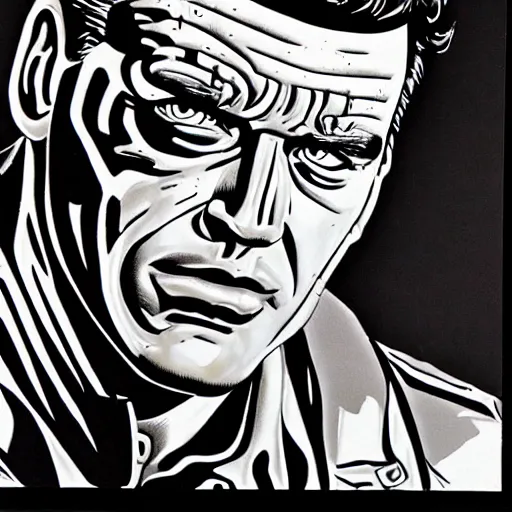 Prompt: Gene Kelly as the terminator, by Steve Dillon, hyperrealism