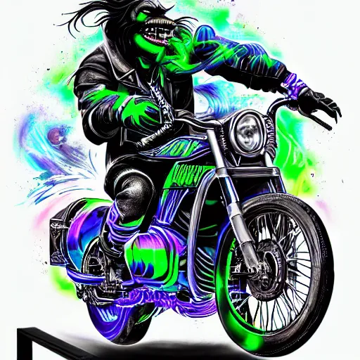 Image similar to psychedelic blacklight airbrush artwork, hyperrealistic motorcycle, hyper stylized action shot of an orc biker riding a motorcycle doing a wheelie, clear focused details, soft airbrushed artwork, black background, cgsociety, artstation