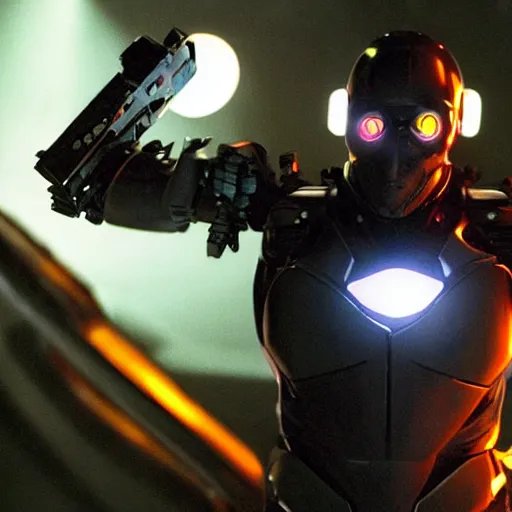 Image similar to movie still of a cool black cyborg, cinematic composition, cinematic light, by edgar wright