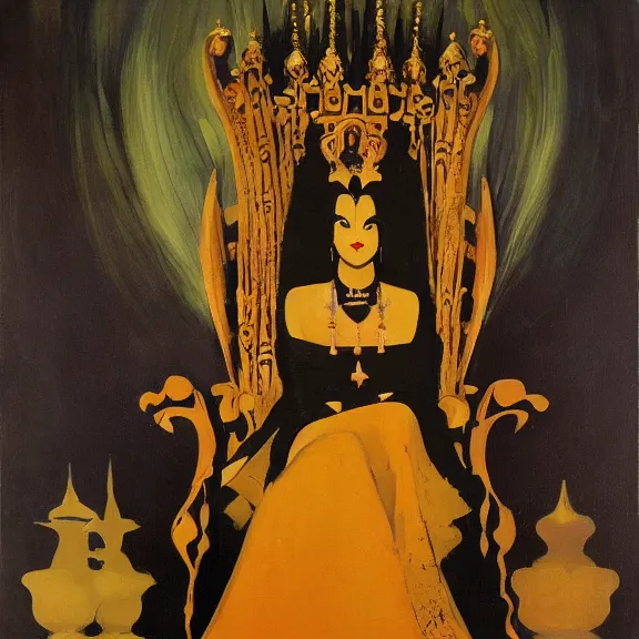 Prompt: an oil painting of a queen in a black funeral dress sitting on a throne, by bruce pennington, by ( eyvind earle ), nicholas roerich, by frank frazetta, by georgia o keeffe, by dean cornwell