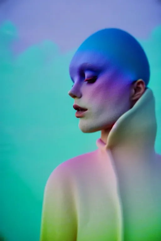 Image similar to high quality pastel coloured film close up wide angle photograph of a model wearing clothing swimming on cloud furniture in a icelandic black rock!! environment in a partially haze filled dreamstate world. three point light, rainbow. photographic production. art directed. pastel colours. volumetric clouds. pastel gradient overlay. waves glitch artefacts. extreme facial clarity. 8 k. filmic.