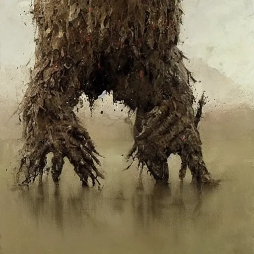 Prompt: painting by jakub rozalski of a muddy rooted humanoid creature with a big hole in the head. half body closeup