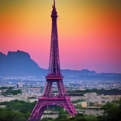 Prompt: baobab tree sunset with mountains and a pink eiffel tower upside down