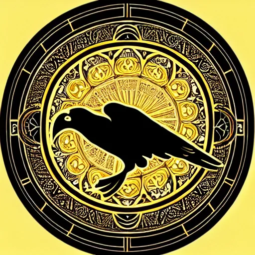 Prompt: beautiful golden round mandala of ravens, fully symmetrical, clean lines, fantasy, ornamental, detailed digital painting, artstation, concept art, painterly, sharp focus, illustration, art by John Collier and Krenz Cushart and Artem Demura and Rafael and Alphonse Mucha and Albert Aublet