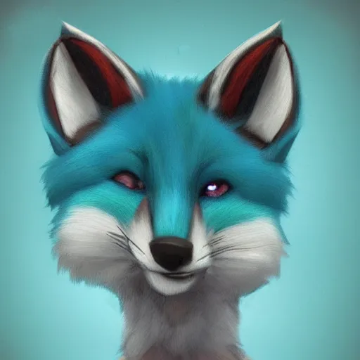 Image similar to a cute cyan and teal anthro furry fox profile picture with white stripes, digital painting, artstation