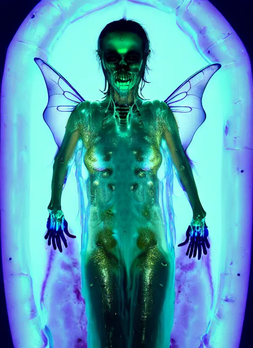 Prompt: darkly cinematic shot of a sci - fi sloppy saliva goo creature princess ungulate fairy ferret of slime crouched within a liquid fool, translucent x ray transparent skin shows skeletal, her iridescent membranes, flaring gills, shades of aerochrome gold, eerie, occult, gelatinous with a smile, dark bubbling ooze covered serious