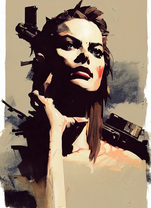 Image similar to Margot Robbie wearing metal gear armor holding gun dramatic lighting art by Richard Schmid by Hokusai by Yoji Shinkawa by greg rutkowski by Sandra Chevrier by Jeremy Lipking cinematic dramatic