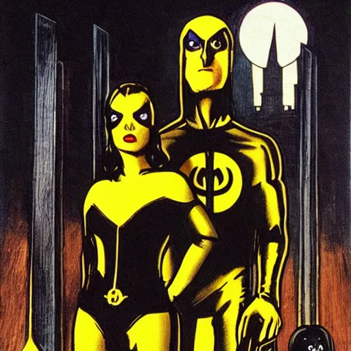 Prompt: watchmen's nite - owl and silk spectre standing behind the owlship in the style of american gothic by grant wood, watchmen, nite - owl, silk spectre, owlship, american gothic