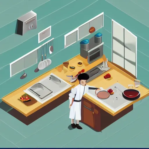 Image similar to isometric flat art of a chef cooking in the kitchen