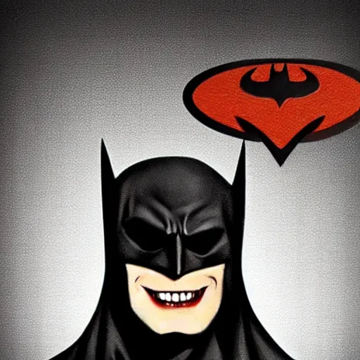 Image similar to batman, smiling, unnatural grin, horror, creepy, smoke, black, dark, glow