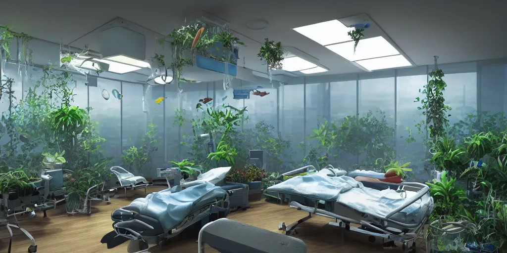 Prompt: a hospital room inside an aquarium where plants are visible, cinematic lighting, sun, jellyfishes, glass, reflection, trending on artstation, glare, empty beds