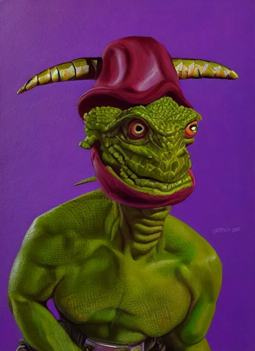 Prompt: oil painting portrait of a cowboy lizard person, a gorn from star trek, a snake oil salesman wearing a blonde wig in a movie poster for a movie called gorn on the bull horn girl, purple green color scheme