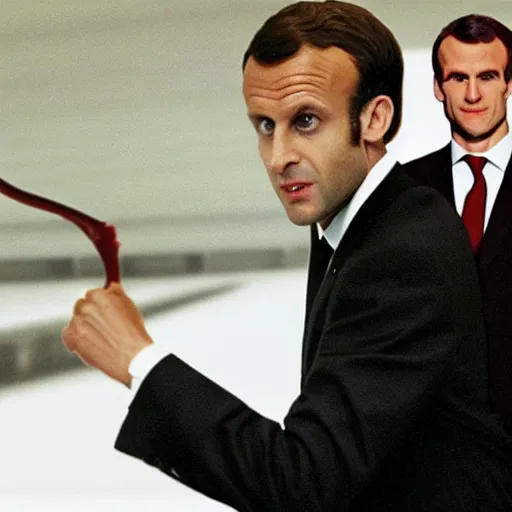 Image similar to Emmanuel Macron falling in American Psycho (1999)