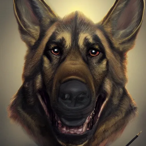 Image similar to a humanoid german shepherd beast - man, wearing suit, highly detailed portrait, digital painting, artstation, concept art, smooth, sharp foccus ilustration, artstation