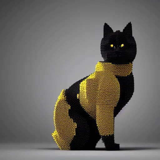 Image similar to a black cat with yellow eyes made out of legos, octane render, studio lighting