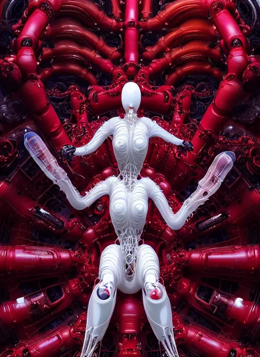 Image similar to background space station, red baroque inflateble dress iris van herpen positing on floor, helmet instead of a head, perfect symmetrical, full body shot, inflateble shapes, wires, tubes, veins, jellyfish, white biomechanical details, wearing epic bionic implants, masterpiece, intricate, biopunk, vogue, highly detailed, artstation, concept art