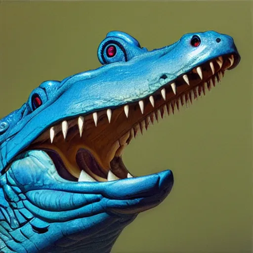 Image similar to a detailed close - up oil painting profile of a crocodile blue jay hybrid with open jaws, flying, intricate, trending on artstation, well - lit, by michael whelan, james gurney, and donato giancola - w 7 0 0