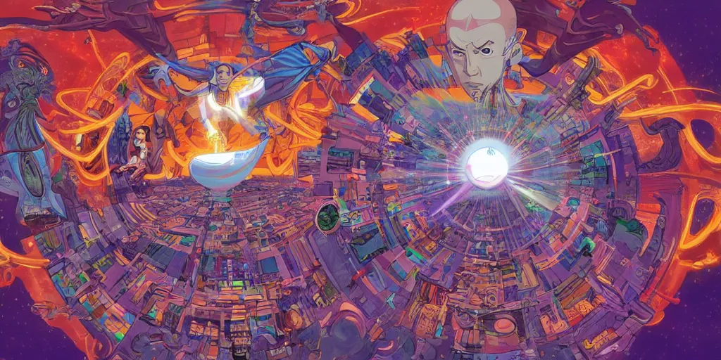 Prompt: avatar the last airbender, Alex Grey, mobius, vaporwave, featured on artstation